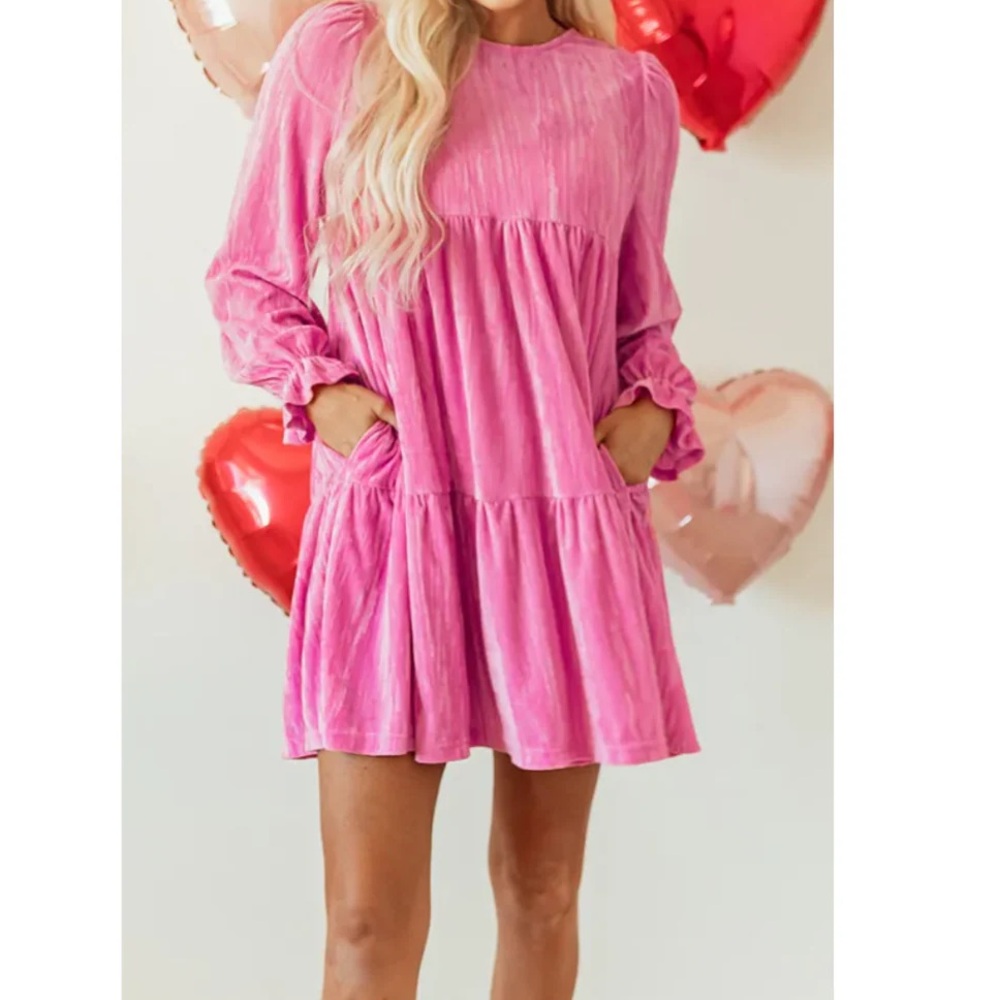NWT Pink Velvet Long Sleeve Dress with Bow